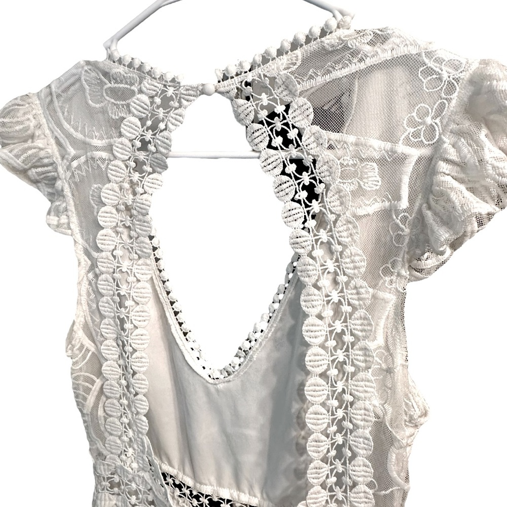 Lace White Maxi Deep V Neck Bodysuit Lace Dress S - Picture 8 of 11